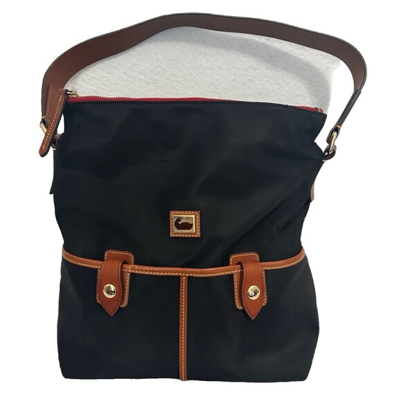 Dooney & Bourke Hobo Purse Black Nylon Cognac Leather Detail Pockets Logo Zipper - Picture 1 of 16